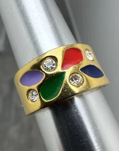 Anello vintage placcato oro a forma di lacrima intarsi smalto multicolore strass - Foto 1 di 8
