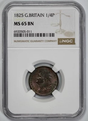 1825 Great Britain 1/4P Farthing NGC MS 65 BN - Image 1 of 4