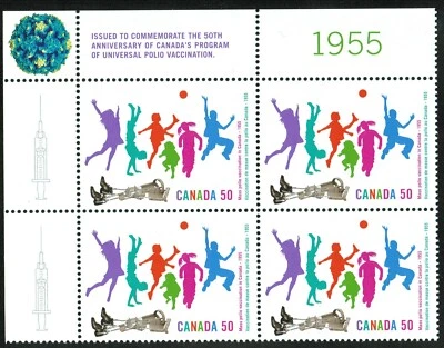 Canada sc#2120 Polio Vaccination: Children Playing, UL Imprint Block, Mint-NH - Image 1 of 2