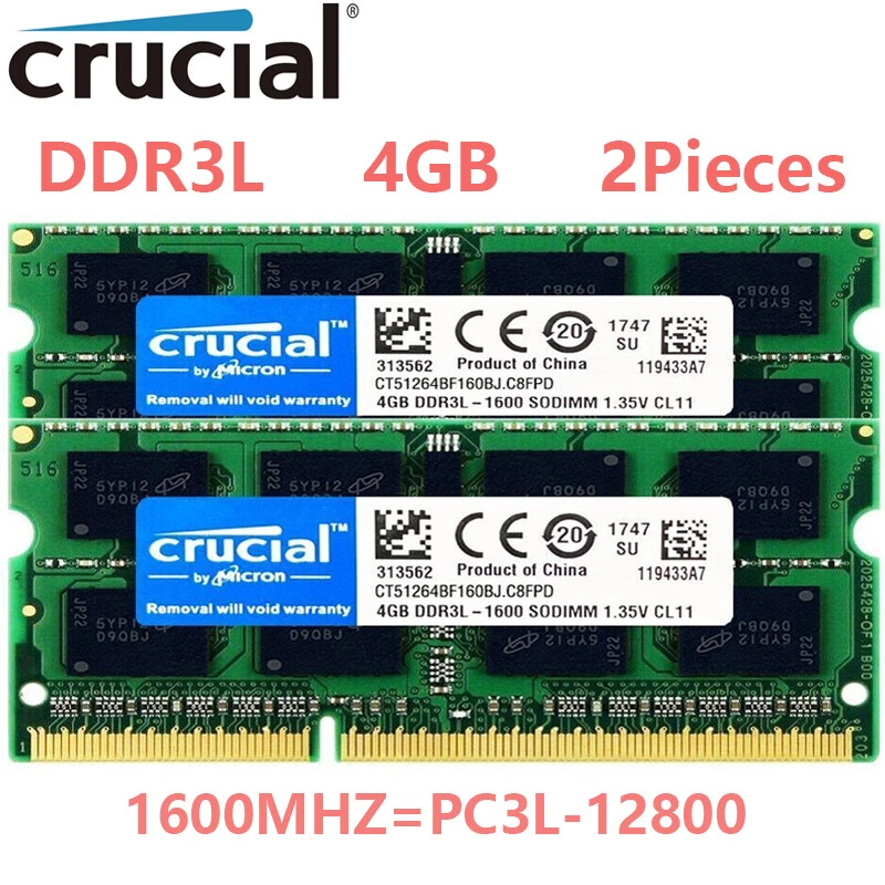 Crucial 8GB Kit 2 x 4GB DDR3L 1600MHz PC3L-12800 Laptop RAM Sodimm Memory 1.35V - Image 1 of 4
