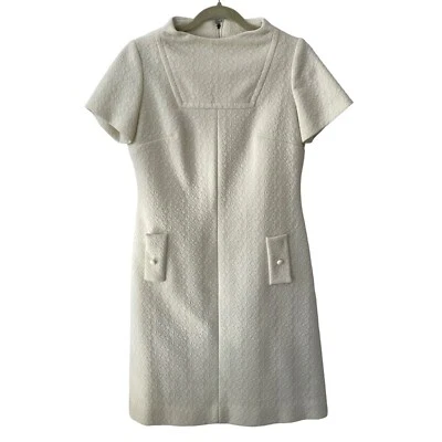 Vintage 60s Textured Short Sleeve Dress Womens Medium Off White Minimal Gogo Mod - Image 1 of 4