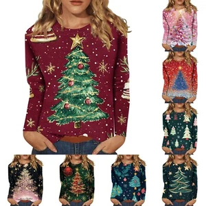 Womens Long Sleeved Top Christmas Printed Round Neck Pullover Casual T Shirts - Picture 1 of 36