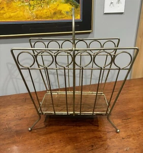 Vintage MCM Brass Atomic Magazine Stand Holder Record Album Rack Art Deco Retro - Picture 1 of 17