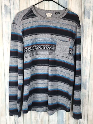 Volcom Men's Marino Crew Knit Blue Gray Striped L Shirt Pocket Stretch - Image 1 of 4