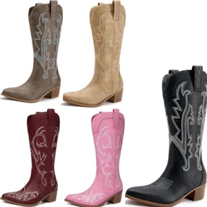 Women's Cowboy Knee High Boots Chunky Heel Western Cowgirl Retro Tall Boots - Picture 1 of 34