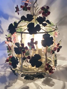 Vintage Tole Metal Chandelier Pendant Light Geranium Flowers Made In Italy - Picture 1 of 10