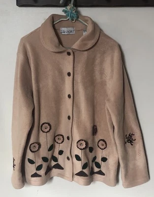 Vtg CD Sport Women L Tan Beige Fleece Button Up Jacket Shacket Felt Flowers Fall - Image 1 of 4