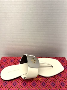 Tory Burch Georgia Sandal Cream with Silver Monogram Leather Women Sz 8 Box - Picture 1 of 11