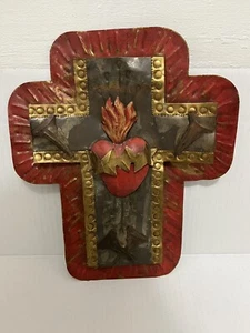 VINTAGE Sacred Heart Cross Metal Mexican Folk Art - Picture 1 of 4