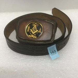 Mason Masonic leather insert metal belt buckle Belt very rare piece Sz 32 - Picture 1 of 5