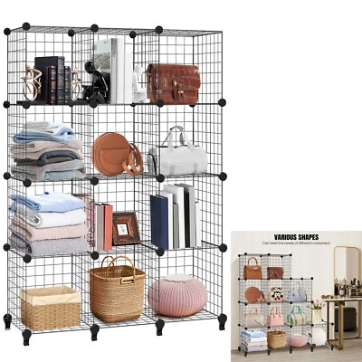 12 Cubes Interlocking Storage Unit With Metal Wire Mesh Black Multifunctional - Image 1 of 4