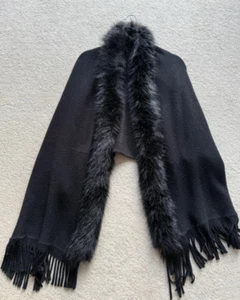 Black Faux Fur Cuff Hemmed Hooded Cape Jacket Shrug With Arms - Picture 1 of 2