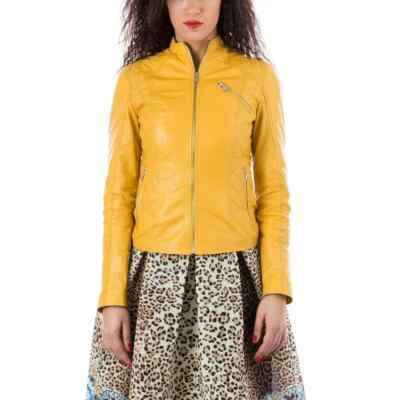 Chaqueta de cuero de piel de cordero suave real con cremallera frontal para mujer ajuste amarillo elegante Foto 1 de 4