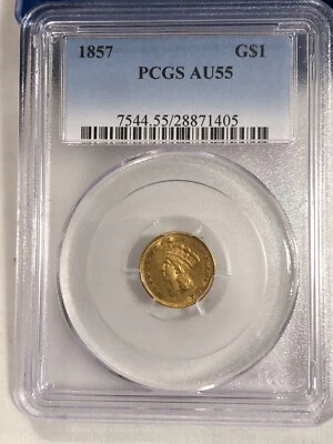 Moneda de oro de $1 de 1857 graduación profesional certificado AU55 # 26818552 Foto 1 de 4