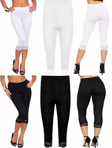 Women Ladies Capri Soft 3/4 Cropped Lace Trim Leggings Stretchy Comfy Pants - Picture 1 of 6