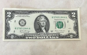 1944 Fancy Serial Number B 57651944 A Two Dollar Bill - Picture 1 of 2