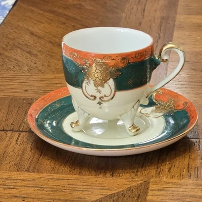 Xícara e pires Craftman China Japão com pés pintados à mão ouro verde vermelho #241 - Imagem 1 de 4