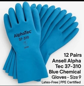 12 Pairs Ansell AlphaTec 37-310 Gloves Size 9 | Blue Chemical Latex-Free PPE - Picture 1 of 1