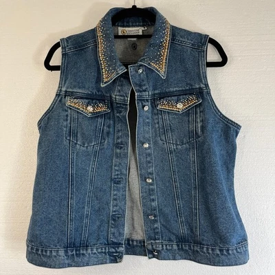 Christine Alexander Denim Vest Blue Jean Size M Rhinestone Bling Cowgirl Western - Image 1 of 4