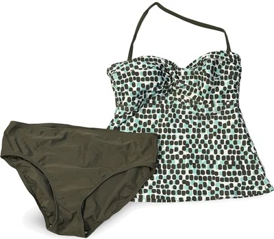 Traje de baño Merona para mujer de dos piezas Tankini verde militar/marrón diseño cuadrados talla M Foto 1 de 4