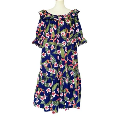 Vtg Tori Richard Hawaiian Muumuu Dress Sz L Purple Floral Ruffle Midi Pockets - Image 1 of 4
