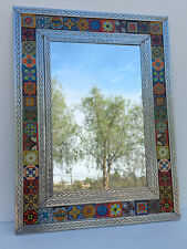 33" PUNCHED TIN MIRROR with mixed talavera tile mexican folk art wall decoration
