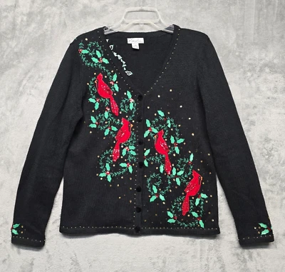 Свитер женский Kim Rogers средний миниатюрный черный красный кардинал птица Holly Christmas - Изображение 1 из 4