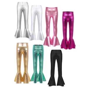 Kids Girls Pants Costume Ruffle Hem Jazz Legging Shiny Dancewear Bronzing Club - Picture 1 of 60