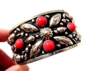 Silver Alpaca Floral Bracelet /Coral Red Glass Cabochon Panel Bangle Pin Hinged - Picture 1 of 12