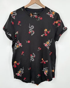 Hollister Curved Hem Tee Shirt Men Medium Black Floral Snake Crewneck - Picture 1 of 8