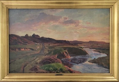 Pintura al óleo antigua. Viggo Pedersen (1854-1926): "Tierras de cultivo bajo el sol poniente" Foto 1 de 4