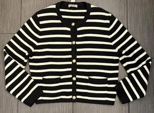 J Crew Emilie Sweater Lady Jacket Black/White Striped Size Large Preppy - Picture 1 of 6