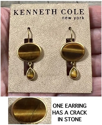 KENNETH COLE New York Gold Tone Tiger’s Eye Dangle Lever Back Earrings on Card - Image 1 of 4