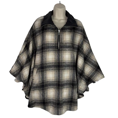 Blank NYC Poncho Cape Jacket Checked Out Plaid OS 1/4 Zip Vegan Leather Collar - Image 1 of 4