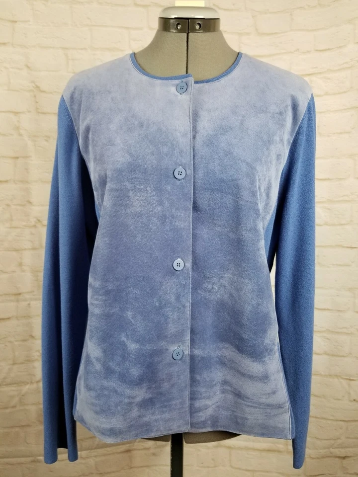 Jones NY Women's Top LG Blue Leather Knit Button Up Long Sleeve Soft Lined EUC - Image 1 of 4