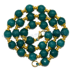 Genuine 10mm Faceted Dark Green Aquamarine Round Gemstone Beads Necklace 14-50'' - Picture 1 of 21