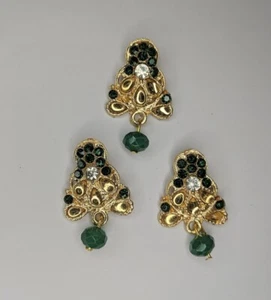 3CRYSTAL GREEN GOLD SHANK BUTTONS TASSELS DRESS JEWELLERY SEWING EMBILISHMET - Picture 1 of 12