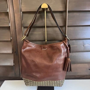 Bolso de Lona Coach Legacy Grande de Cuero Grueso Marrón Tachonado 27141 - Imagen 1 de 14