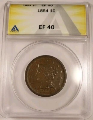 1854 Braided Hair Large Cent -  1c Anacs EF 40 XF - Brown  - Image 1 of 4
