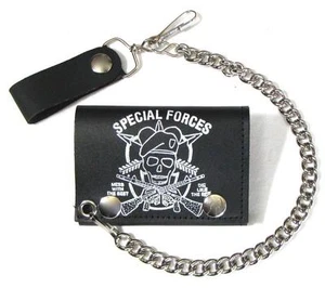 GENUINE LEATHER SPECIAL FORCES TRI-FOLD MEN WALLET W SNAP ON CHAIN GI597 NEW - Picture 1 of 1