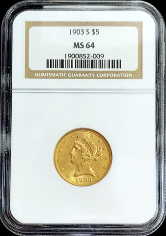 1903 S GOLD USA $5 DOLLAR LIBERTY HEAD HALF EAGLE NGC MINT STATE 64 Cover