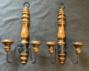 VTG WOOD/METAL Candle Holder WALL SCONCE Double Arm Iron Hanging 17" HOMCO PAIR - Picture 1 of 6