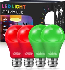 Red and Green Light Bulbs 【4 Pack 】, A19 LED Christmas Light Bulbs, 9W E26 Red L - Picture 1 of 12