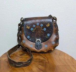 Vintage Small Hand Tooled Leather Purse Shoulder Bag 70s Boho Hippie Flowers - Picture 1 of 19