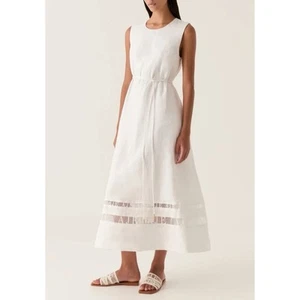 AJE Dress Size 10 Medium M / US 6 White Linen Midi Shift Tie Waist Reframe Logo - Picture 1 of 11