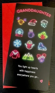 Neon CHRISTMAS Greeting Card WITH MONEY GIFT CARD INSERT Hallmark Granddaughter - Picture 1 of 3