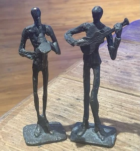 Cast BRONZE Jazz Musicians Sculptures~Set of 2~SAXOPHONE & GUITAR Players 8” MCM - Picture 1 of 20