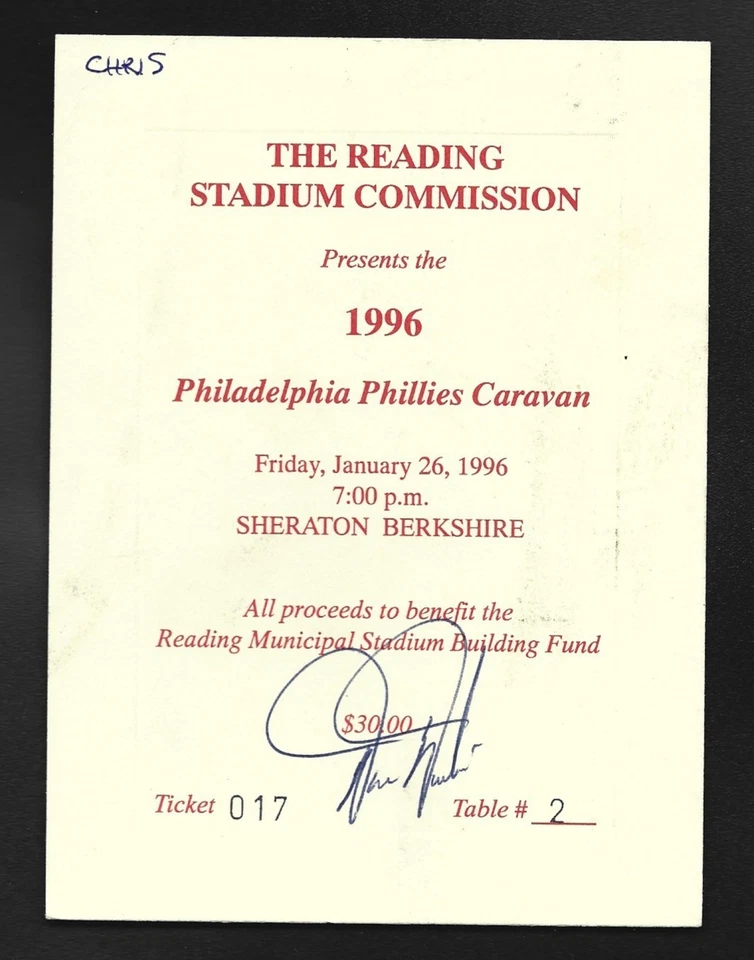 1996 Reading Stadium Commission Philadelphia Phillies Caravan Player Signed Tkt. - Image 1 of 1