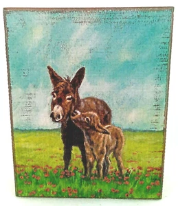 Mules Mom Baby in Field Wood Box Sign Red Poppies Blue Sky Prims by Kathy 7.5" - Picture 1 of 3