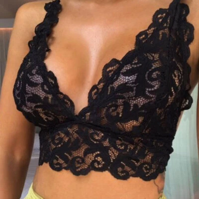 Womens Lace V Neck Sexy Bustier Bralette Bralet Bra Crop Top Cami Vest Camiso ☾ - Image 1 of 4